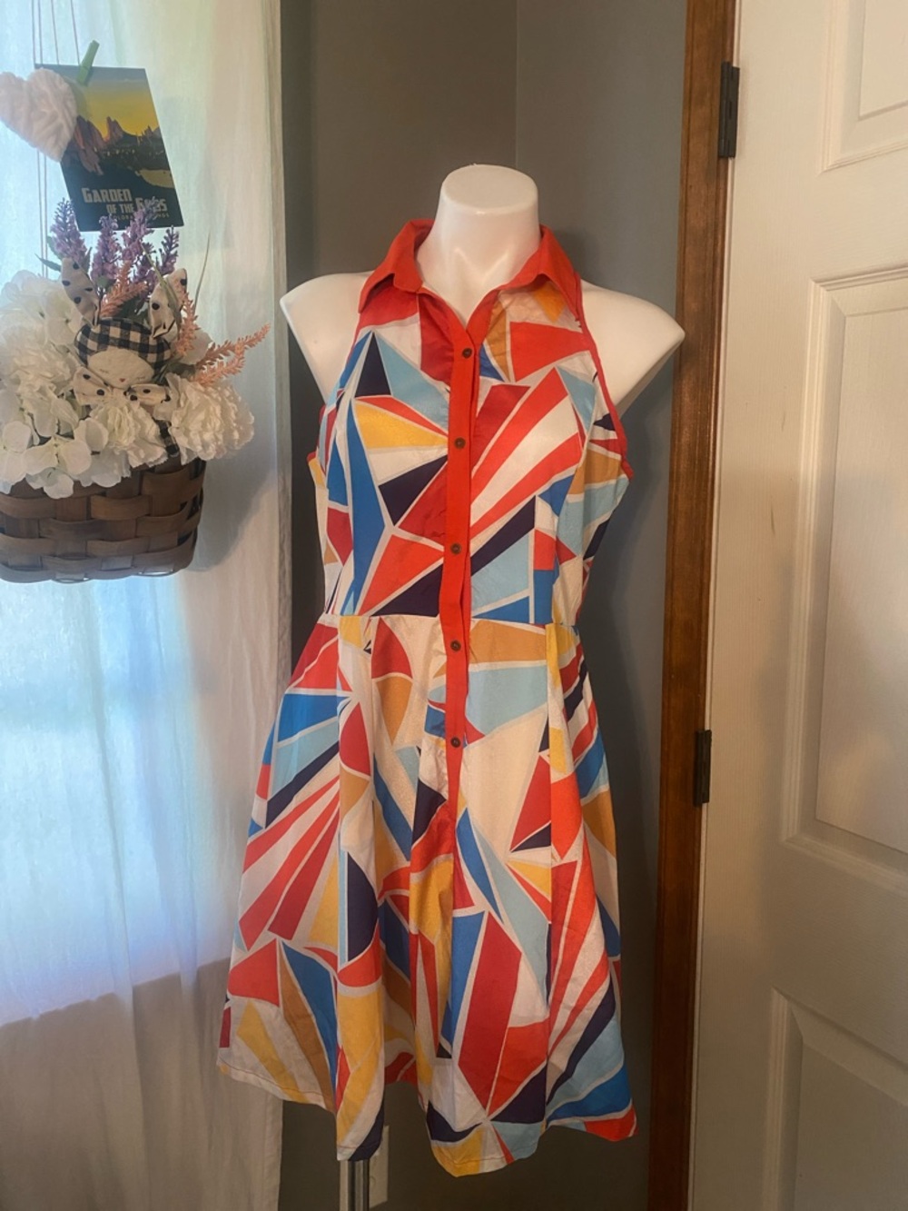 Como No? Colorful Geometric Halter Shirt Dress Red Trim